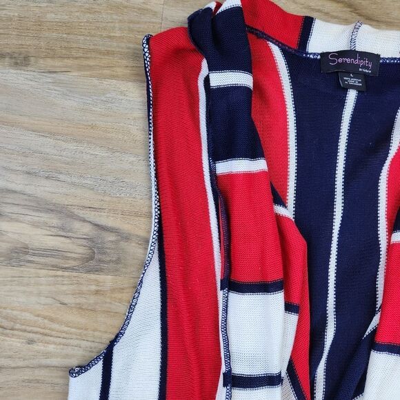 🔹️Serendipity Red, Blue, & White Striped Sleeveless Cardigan Large - Picture 7 of 12